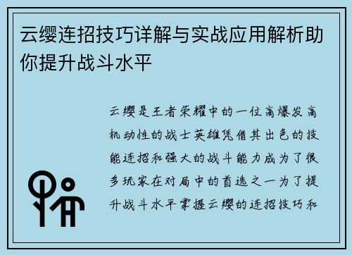 云缨连招技巧详解与实战应用解析助你提升战斗水平